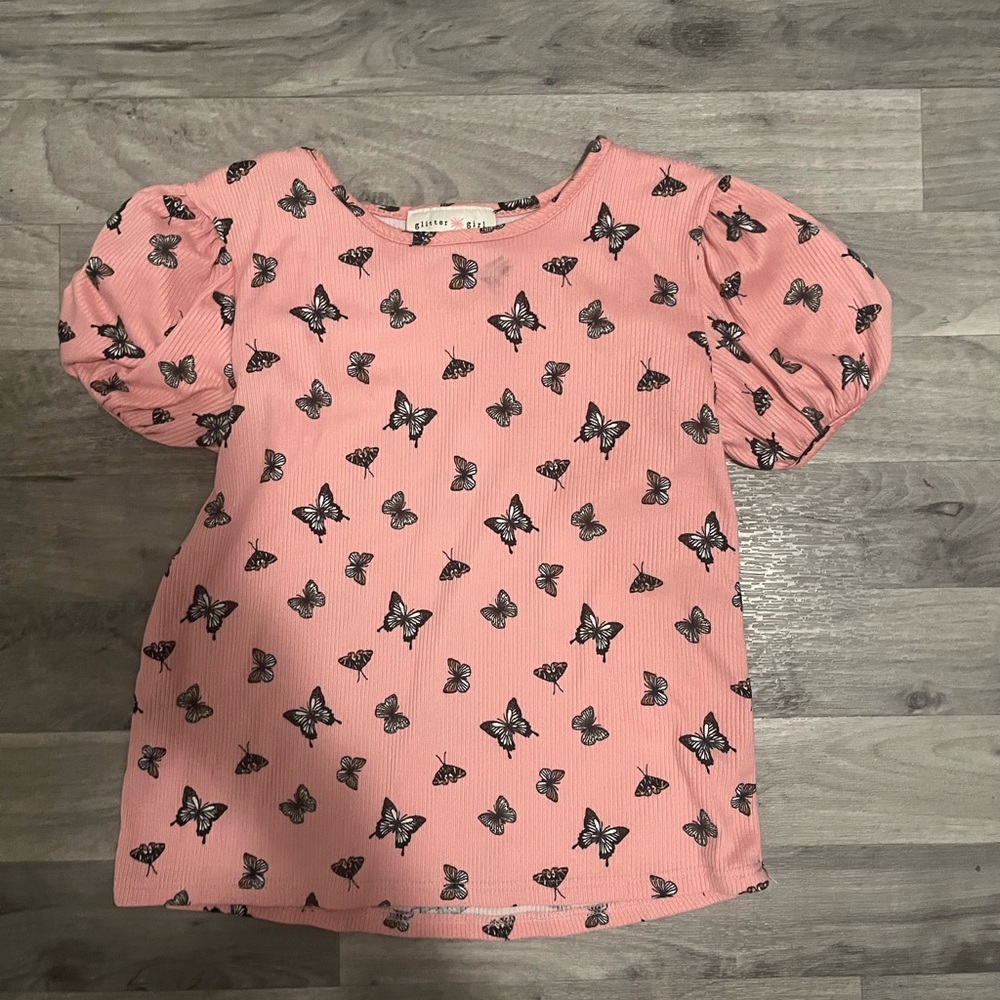 Pink Butterfly Puff-Sleeve Top for Kids
